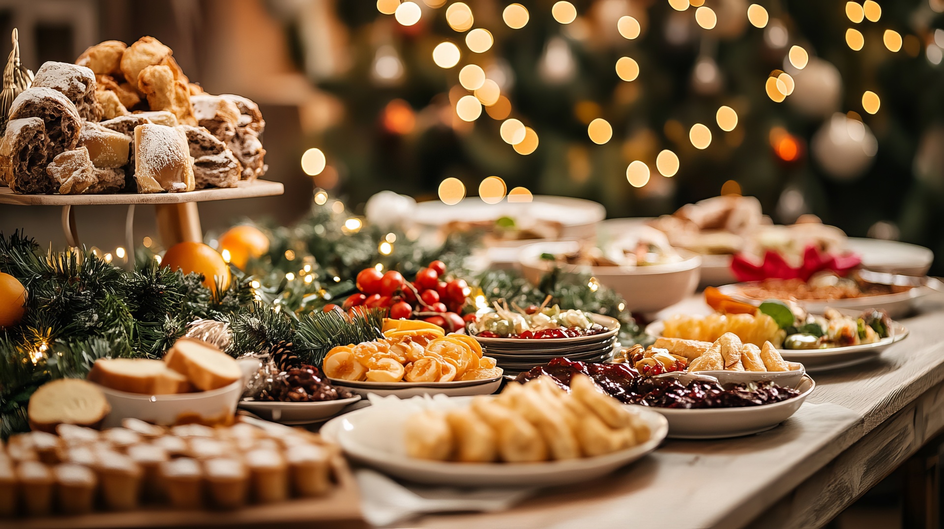 Holiday dessert catering table with pastries, fruit, and festive lights.