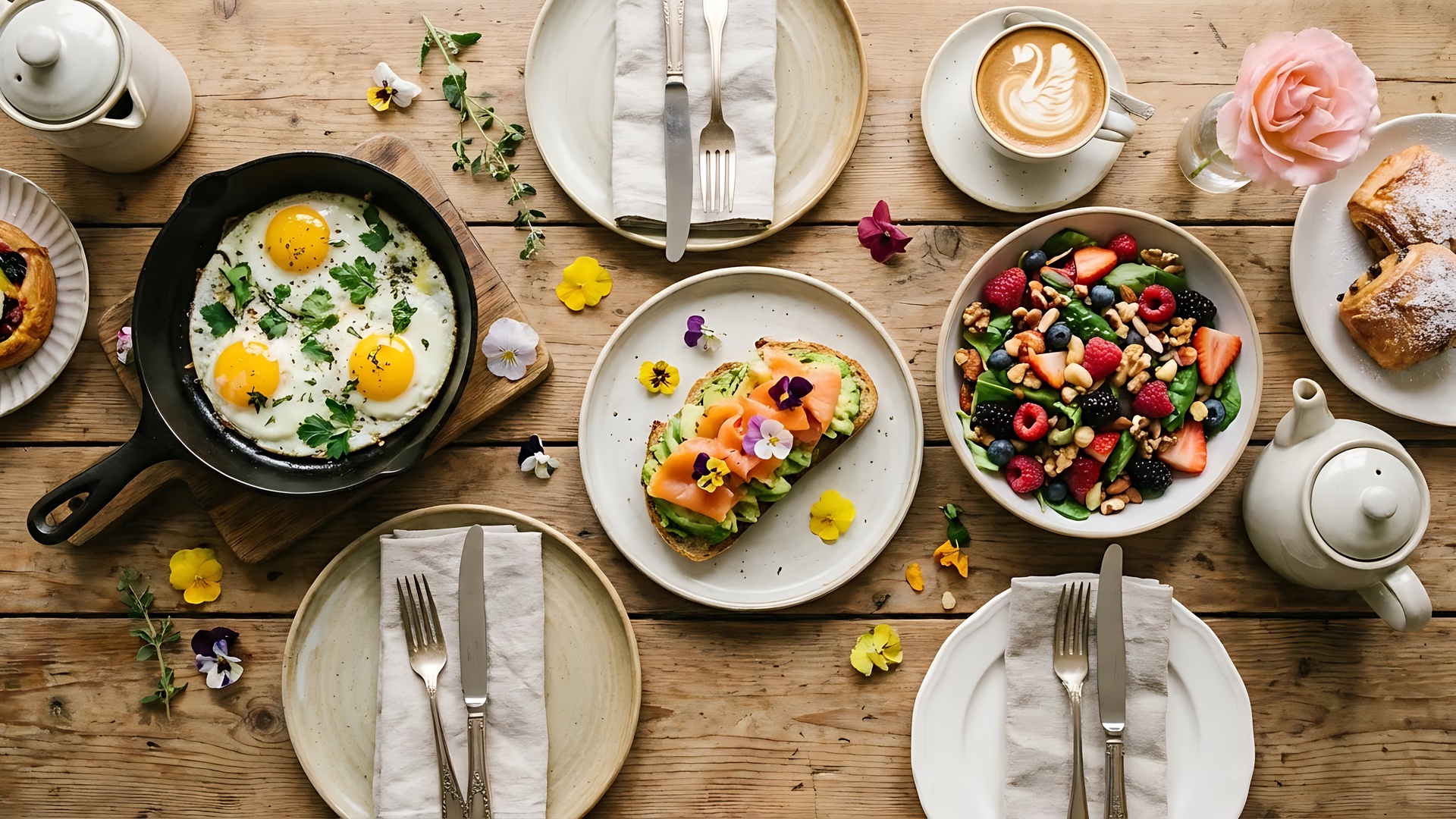 Bakery cafe brunch spread with eggs, toast, pastries, coffee, tea, and fresh fruit on a wooden tabl