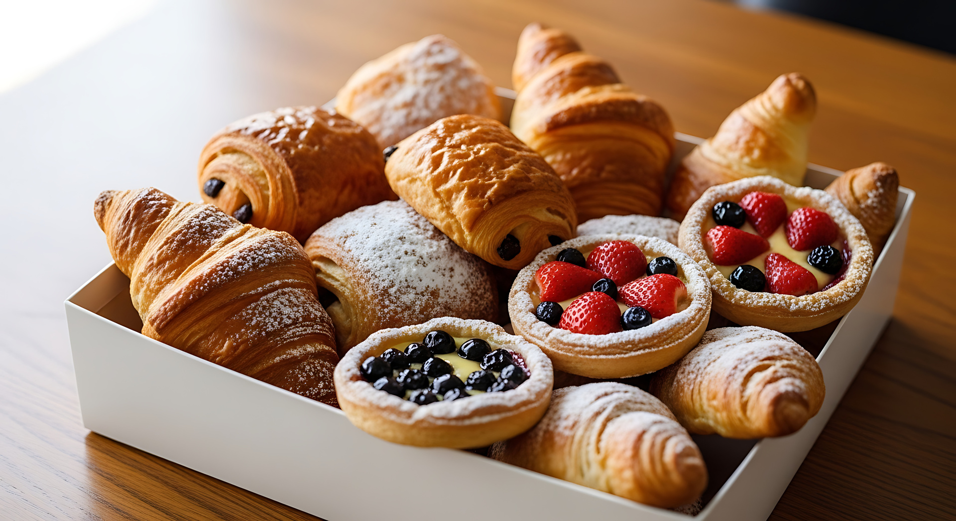 Assorted breakfast pastries, croissants, and fruit tarts arranged in a bakery box for a busy Baltimore morning