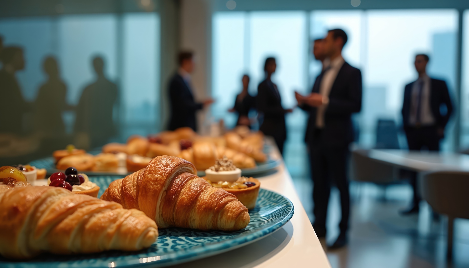 Fresh croissants and pastries served for an office meeting with business professionals in the background