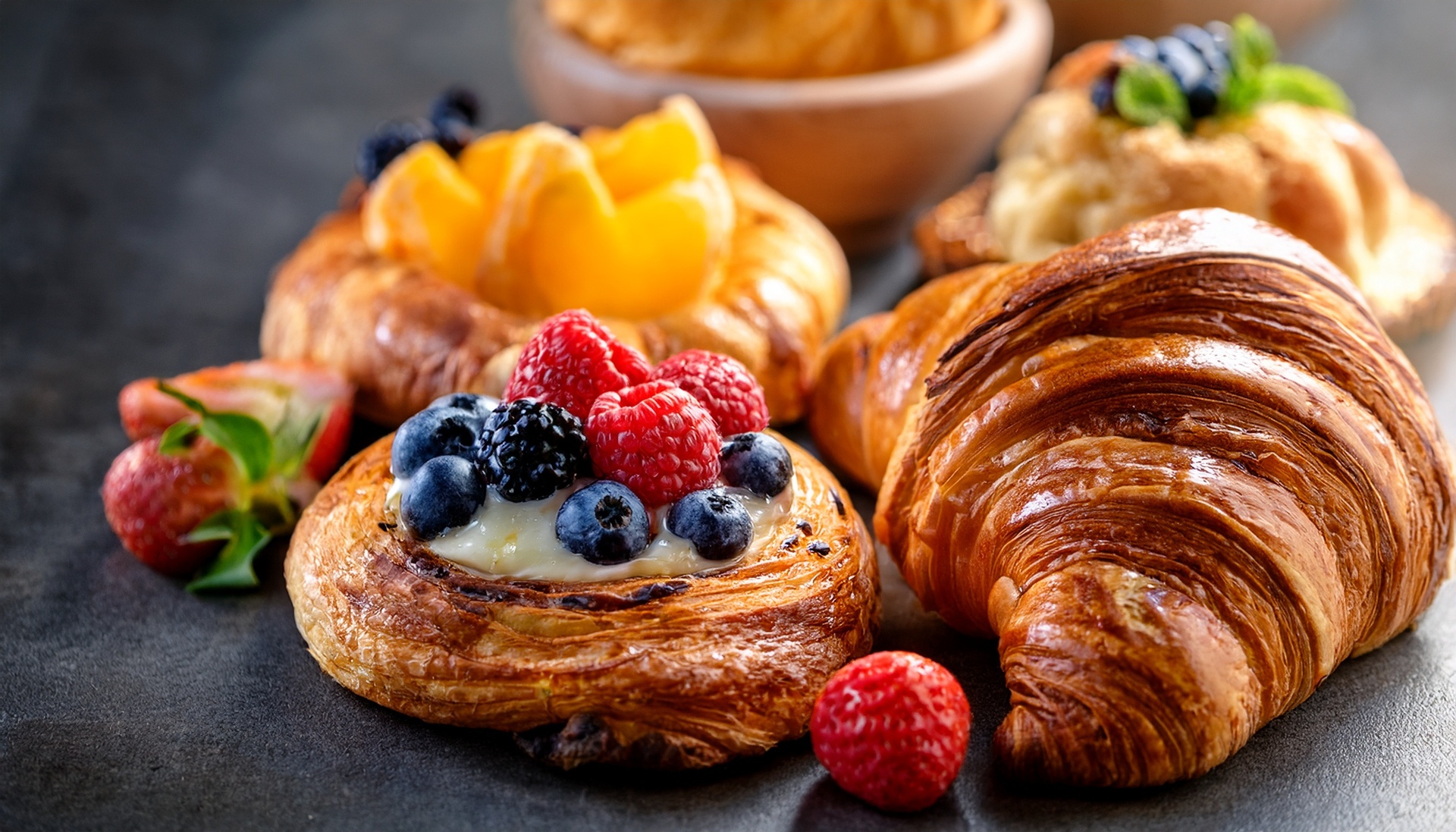 Fresh croissants and fruit Danishes with berries on a bakery counter.