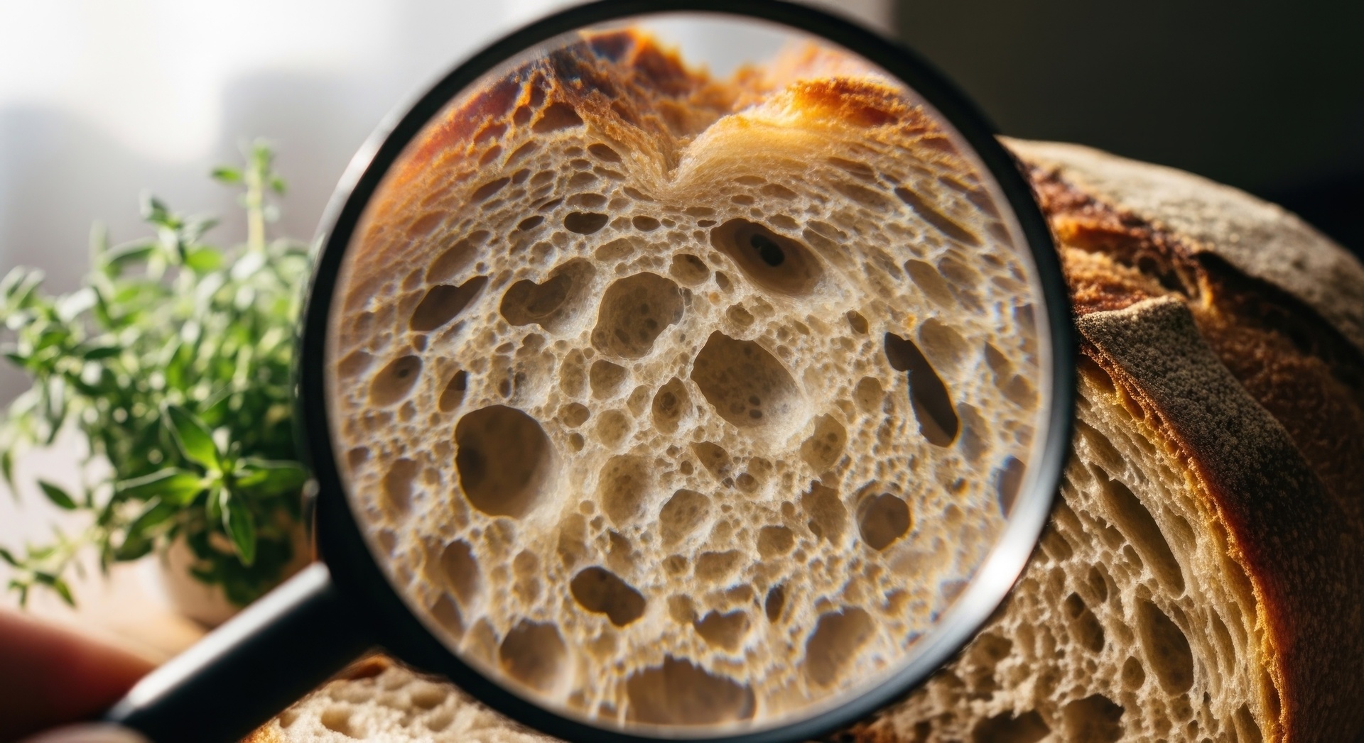 Close-up of artisan sourdough bread texture with a magnifying glass highlighting the open crumb and crust