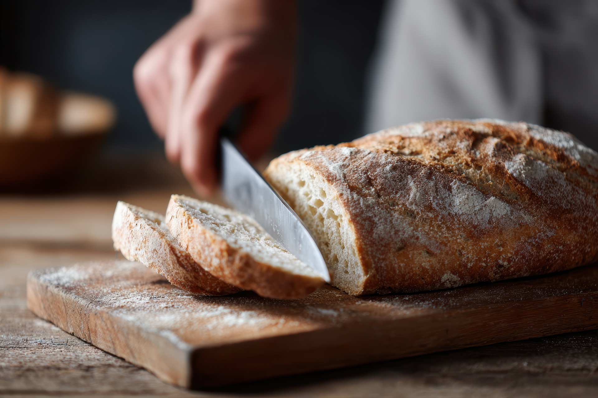 Fresh sourdough bread being sliced on a wooden board at a local Baltimore bakery
