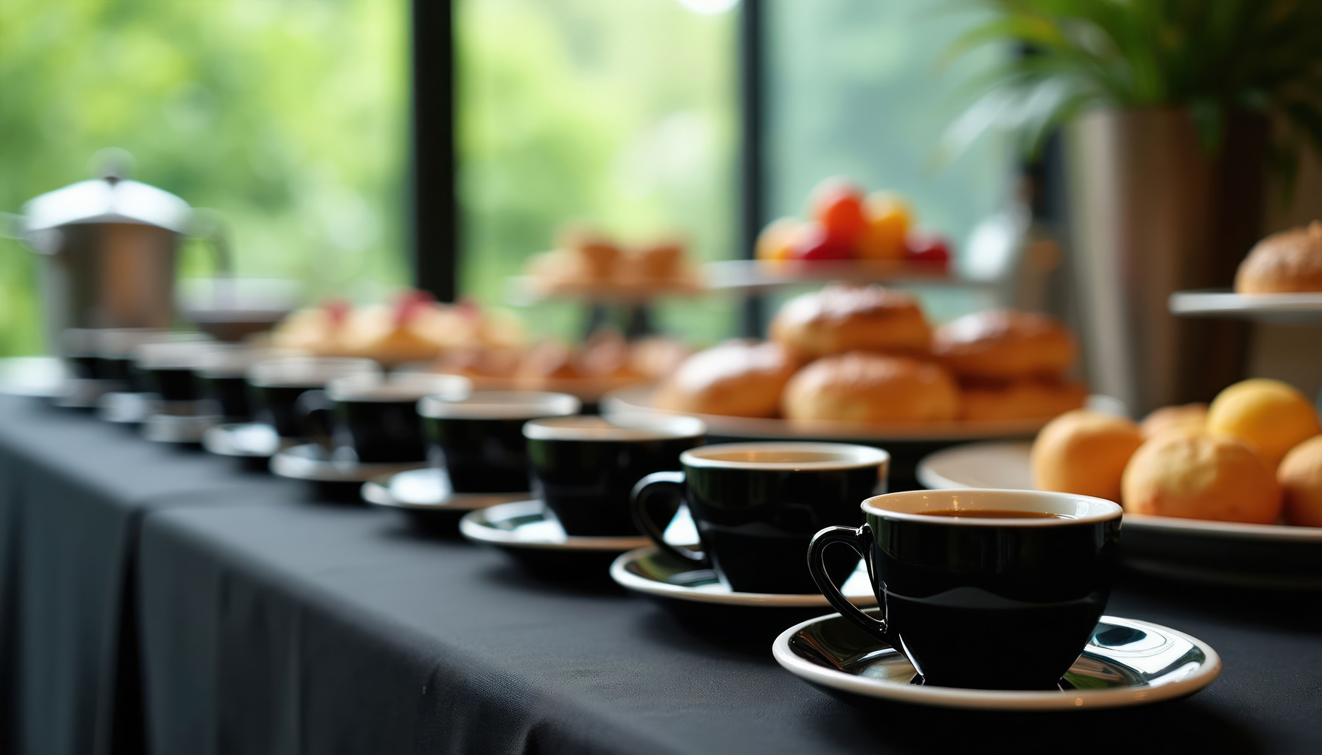 Coffee cups and pastries arranged for a fall catering event.