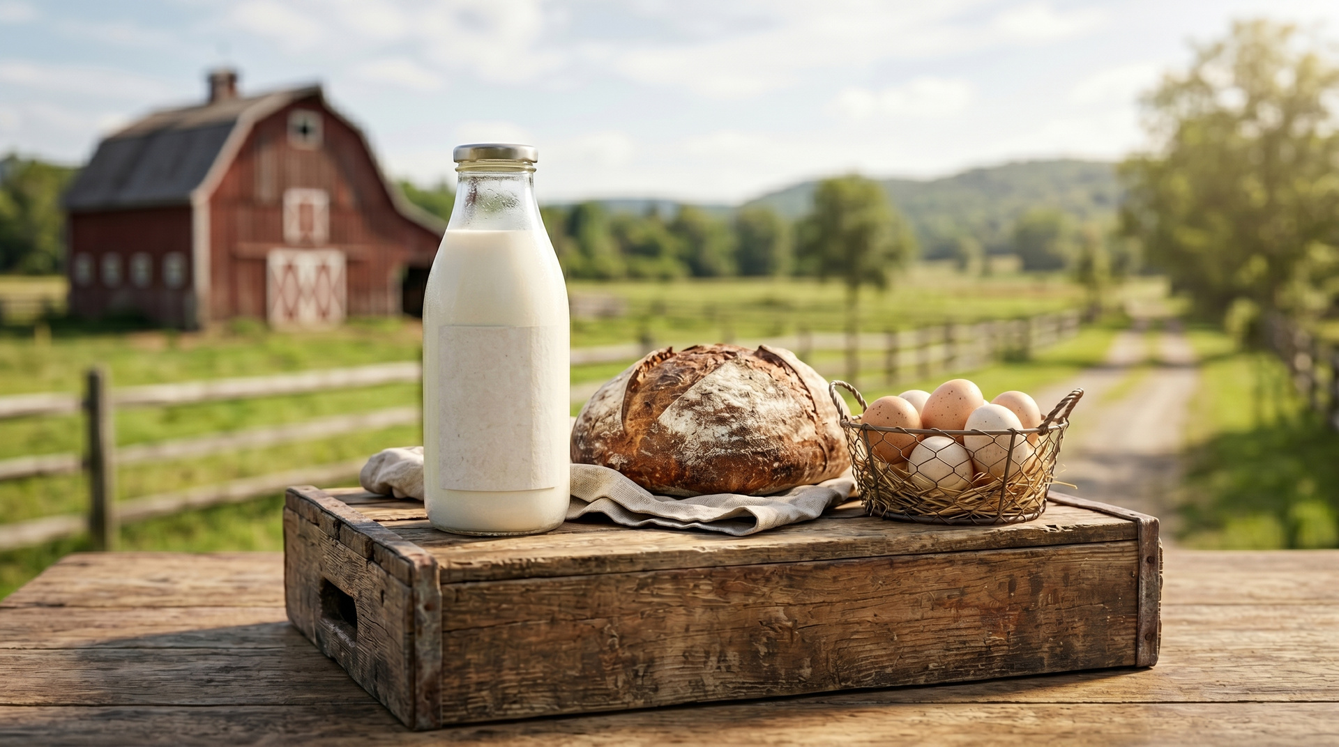 Milk, artisan bread, and eggs displayed at a local Maryland farm.