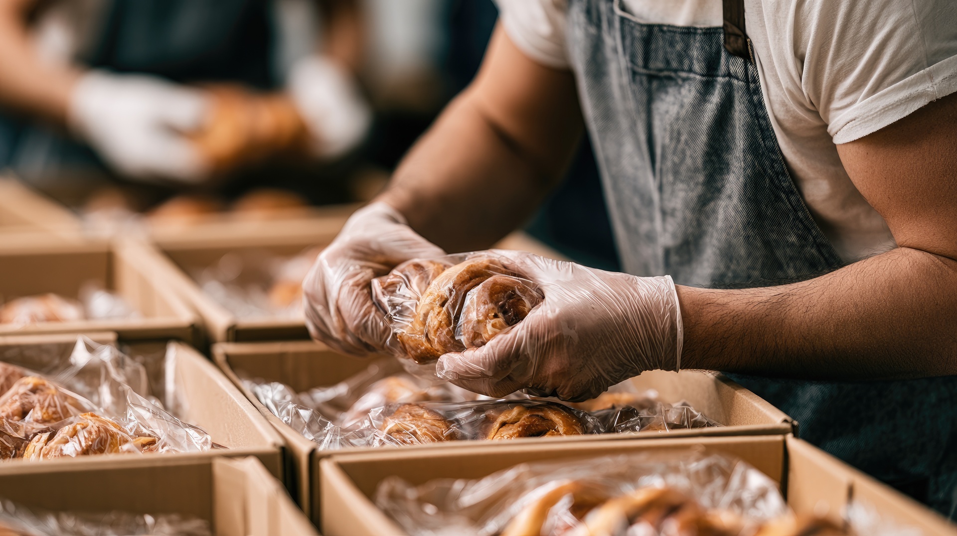Baker packing wrapped pastries into boxes for bakery delivery and pickup orders