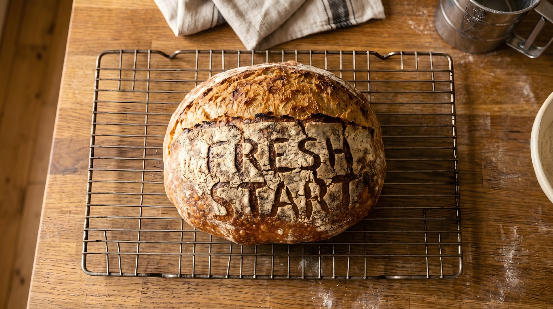 Fresh sourdough loaf cooling on a rack after baking.